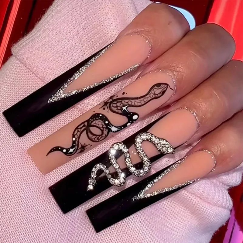 

24Pcs Long Black French Fake Nails Press on Nails Snake Shaped Designs False Nails Wearable Coffin Full Cover Nail Tips