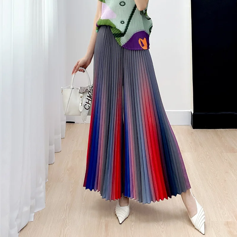 Women\'s Spring/Summer New Gradient Pleated Loose and Versatile Wide Leg Flare Pants Fashion Autumn Street Style Rainbow Pants