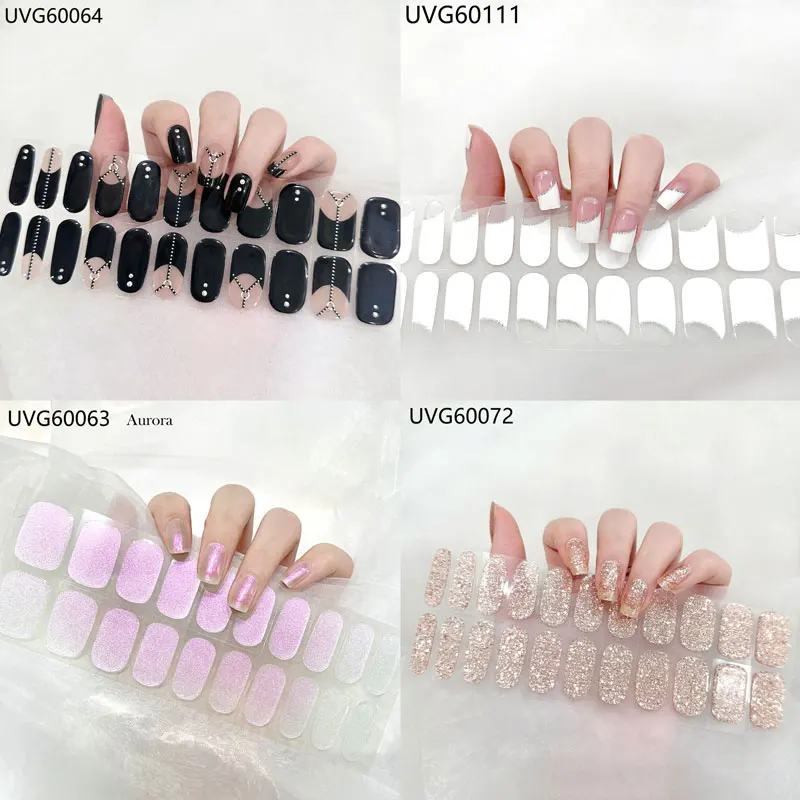 22 Tips/Sheet Aurora Semi Cured Gel Nail Strip Sticker UV/LED Lamp Cured Glitter Nail Gel Polish Wraps Full Cover Decals