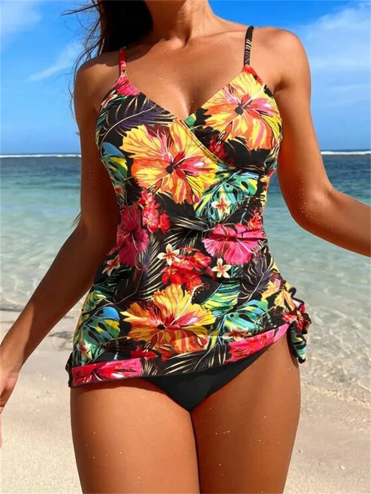 

Купальник женский из двух частей, танкини 2024, новый однотонный купальник на бретельках с принтом и V-образным вырезом, летняя пляжная одежда, купальный костюм, женский купальник