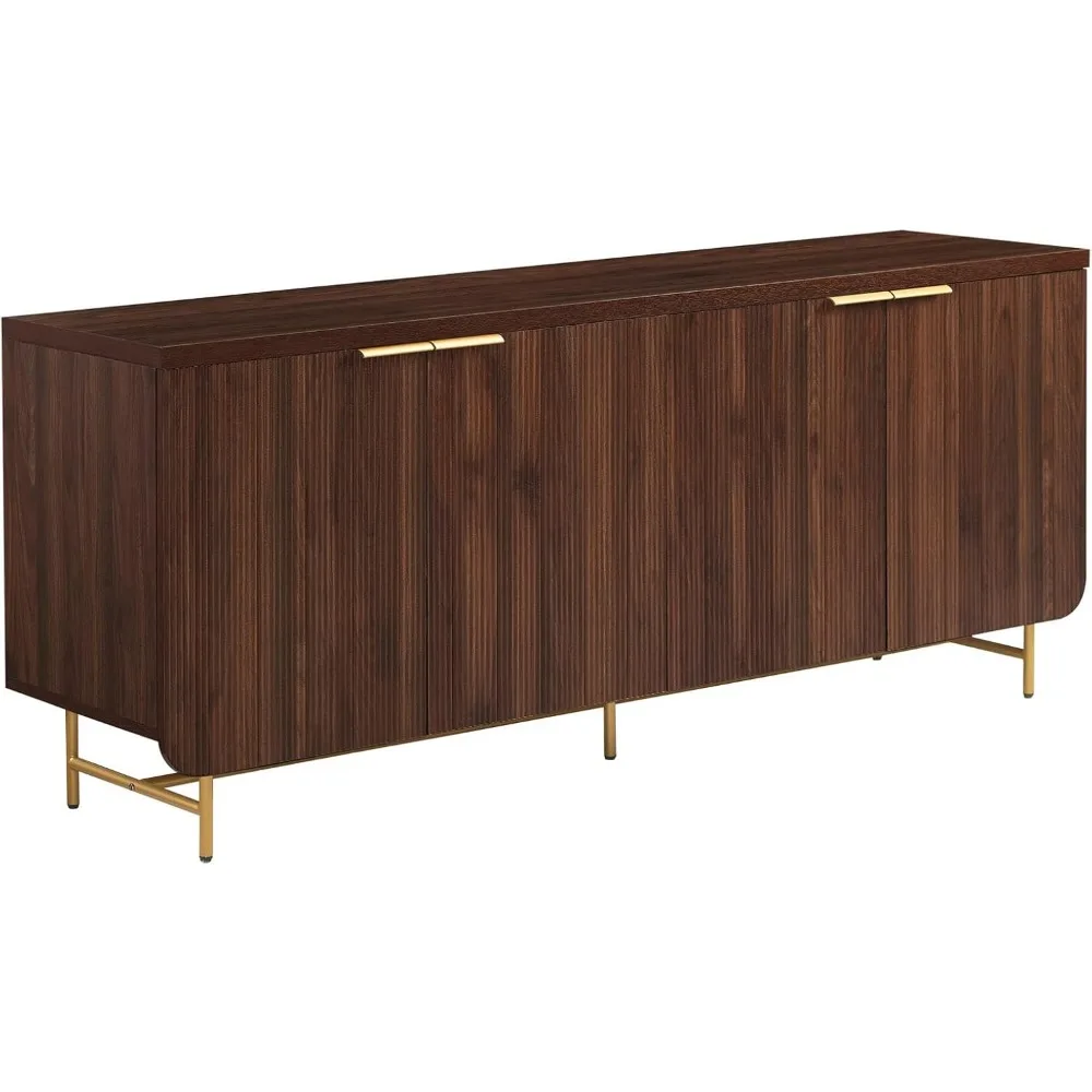 Modern Fluted Door Kitchen Storage Sideboard Buffet Cabinet Console, 69 Inch, Gold,dark Walnut