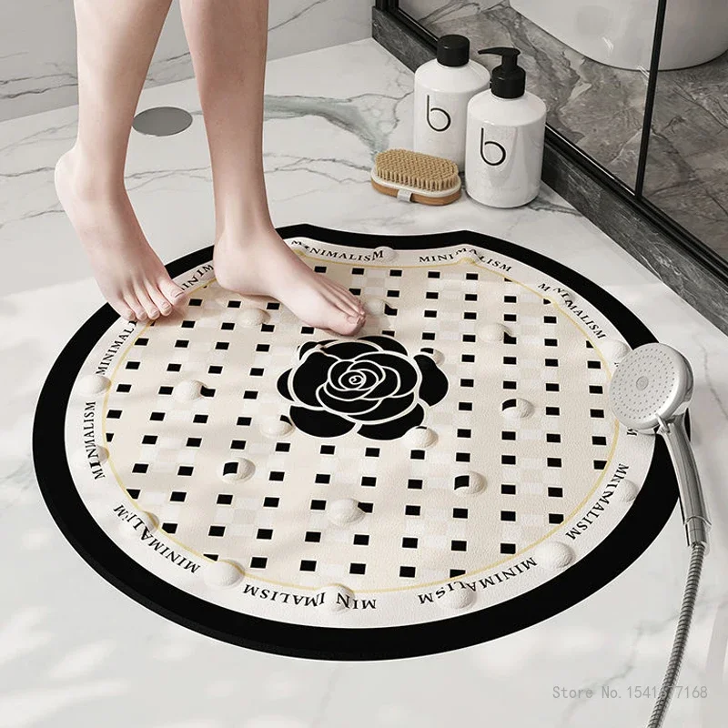 Creative Black White Light Luxury Pattern Circular Bathroom Anti-skid Floor Mat, Shower Suction Cup Children's PVC Foot Mat, 1Pc