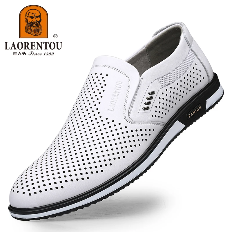 LAORENTOU summer 2024 New White Leather Shoes Hollow Breathable Genuine Leather Casual Men's Shoes Small White Shoes 95268 6