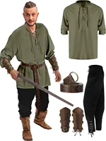 4 Pcs Halloween Men's Renaissance Costume Set Medieval Pirate Shirt Ankle Banded Pants Viking Belt Accessories 1