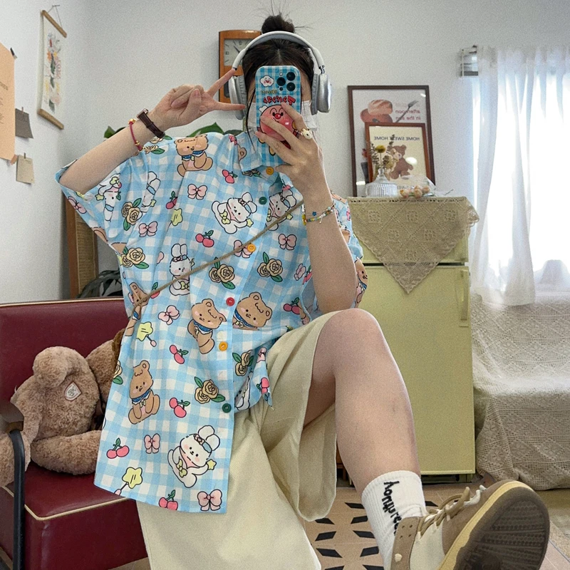 

Homemade Rabbit Cherry Print Vintage Girl Cute Middle Ages Short Sleeve Loose Size Shirts