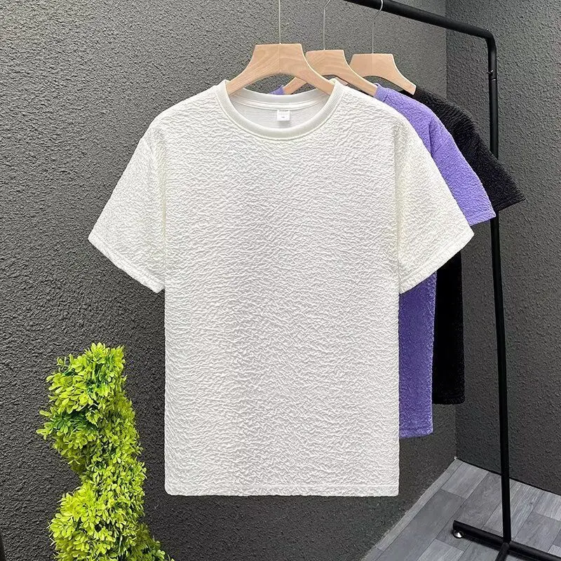 

2024 New Summer Loose Casual Retro Korean Style T-shirts for Men Cotton Striped Folds Handsome O Neck Short Sleeve Chic Y2K Tops