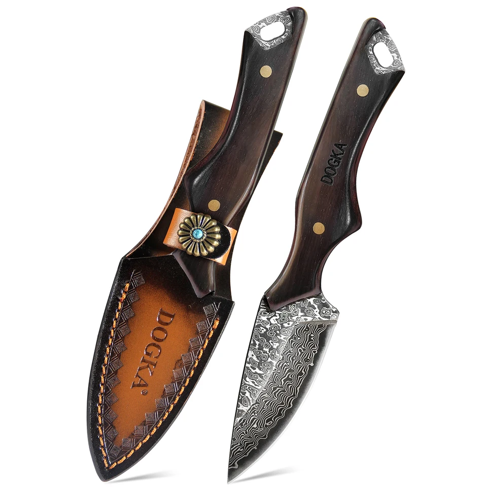 Damascus Steel Kitchen Utility Knife with Leather Sheath