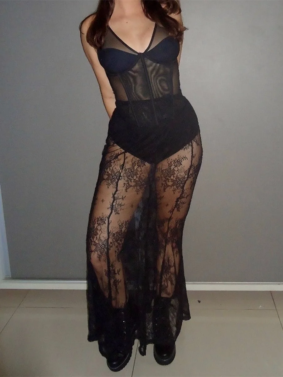 Women's Summer Sheer Lace Skirt Trendy Long Cocktail Skirt for Bar, Beach, Party 2