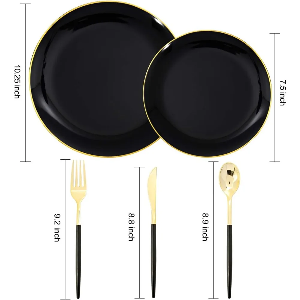 150pcs Black Plastic Plates, Black and Gold Plastic Plates,Gold Silverware,Black and Gold Dinnerware Set