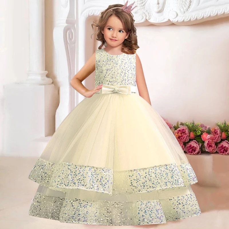 Girls' Sequins Bow knot Children's Princess Dress evening dress Fashion Pearl Cake Long Dress Christmas Banquet Host Show girls dress princess costume kids clothes