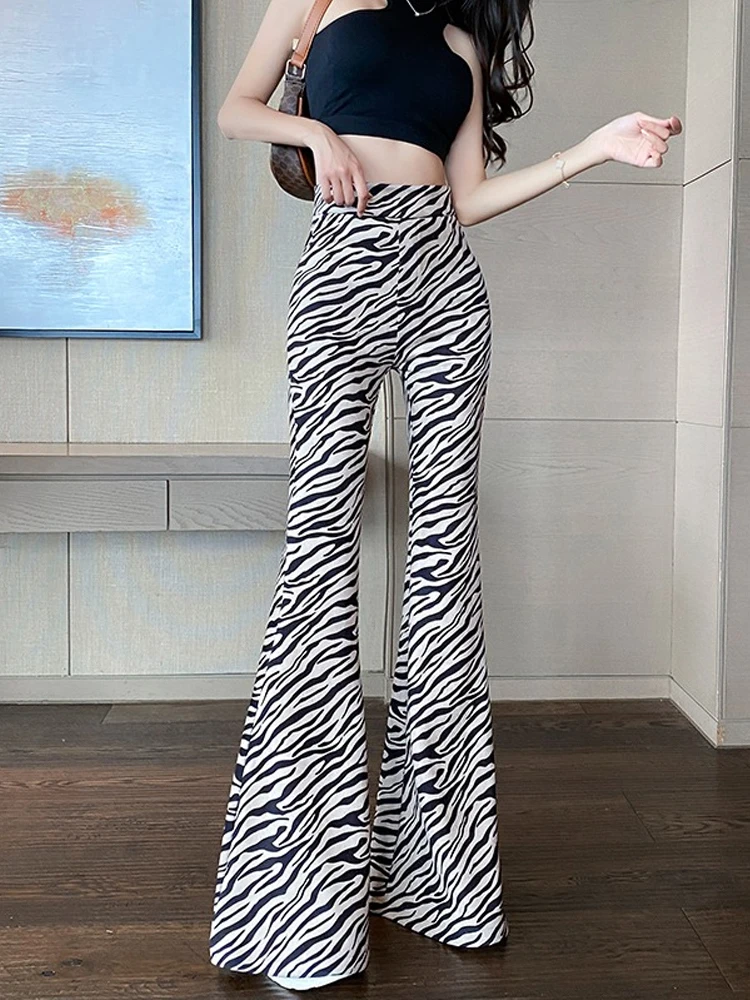 Zebra Pattern Print Big Flare Pants High Waist Club Leggings Hip Raising Athletic Tight Elastic Street Slim Activewear Trousers