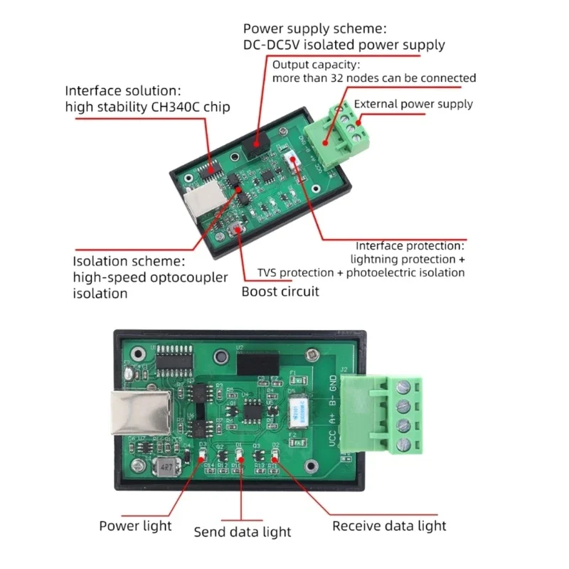 USB to RS485 케이블 CH340 칩셋 절연 데이터 어댑터 변환기 케이블 변환기 산업 프로젝트용 어댑터