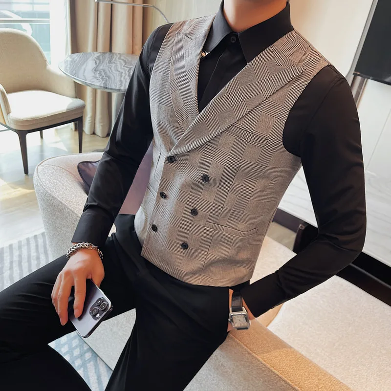 

2023 Autumn Winter Double Breasted Business Vest for Men Slim Fit Casual Waistcoat Social Party Sleeveless Vests Men Clothing