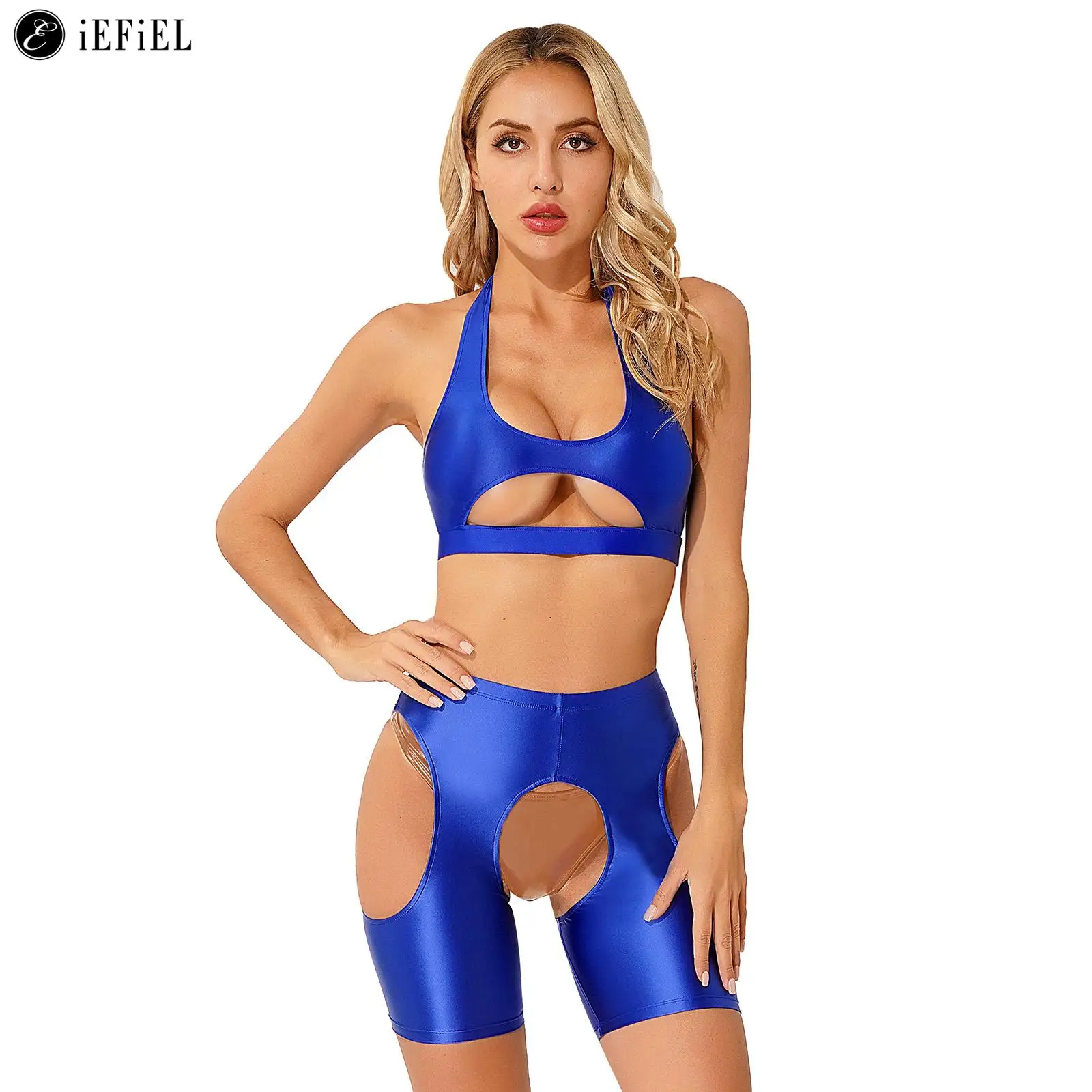 

Women's Sexy Lingerie Outfit Solid Glossy Stretchy Halter Cutout Backless Crop Top with Hollow Out Crotchless Shorts Nightwear
