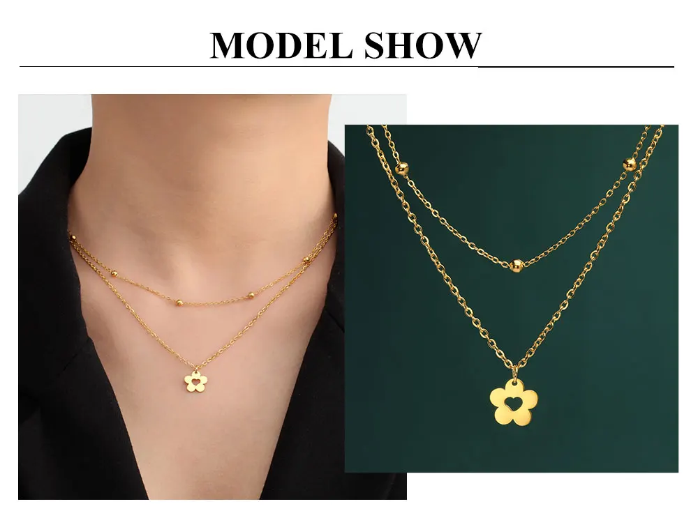 Cazador Kpop Blumen-Herz-Halskette, Edelstahl, Doppelketten, Halskette, Schmuck für Frauen, Valentinstagsgeschenk, 2026, trendig – Detail 5