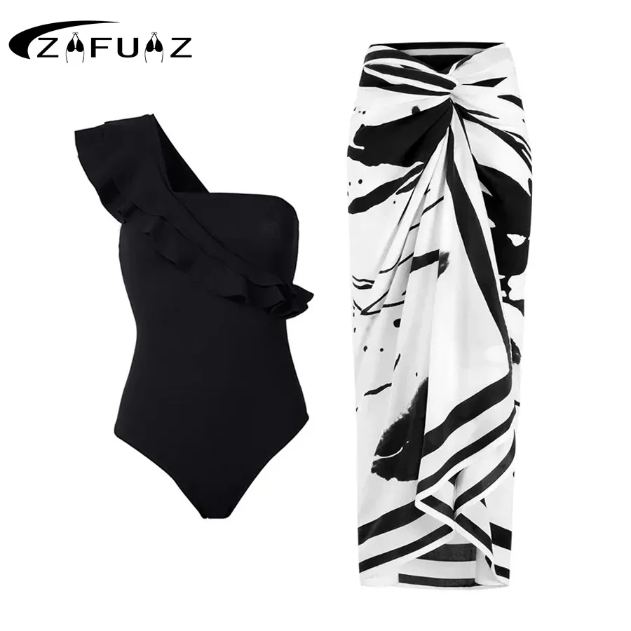 ZAFUAZ 2024 Sexy 3D Flower Bikinis One Piece Swimsuit Skirt Ruffle Shoulder Monokini Cut Out Swimwear Women Bathing Suit Dress