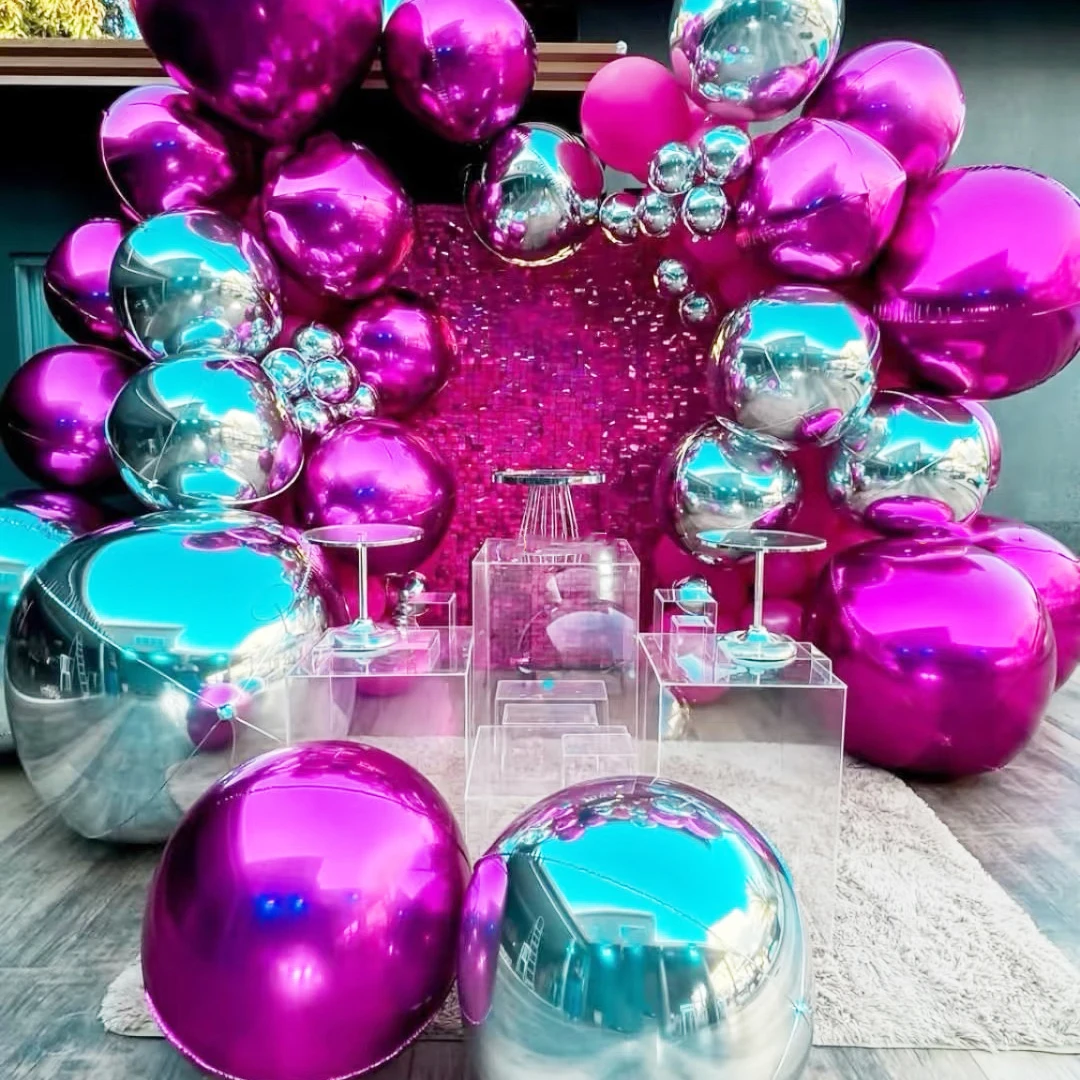 10-70IN Riesige 4D Runde Folienballons Metall Rose Silber Schillernde 4D Runde Ballons Heliumfolie Globos für Geburtstag Hochzeitsdekoration