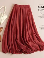 plus Size Women's Cotton Lin  Color High Waist Dra A-Line Long Skirt Summer New Sle Slimming Skirt Maxi Dr - Image 5