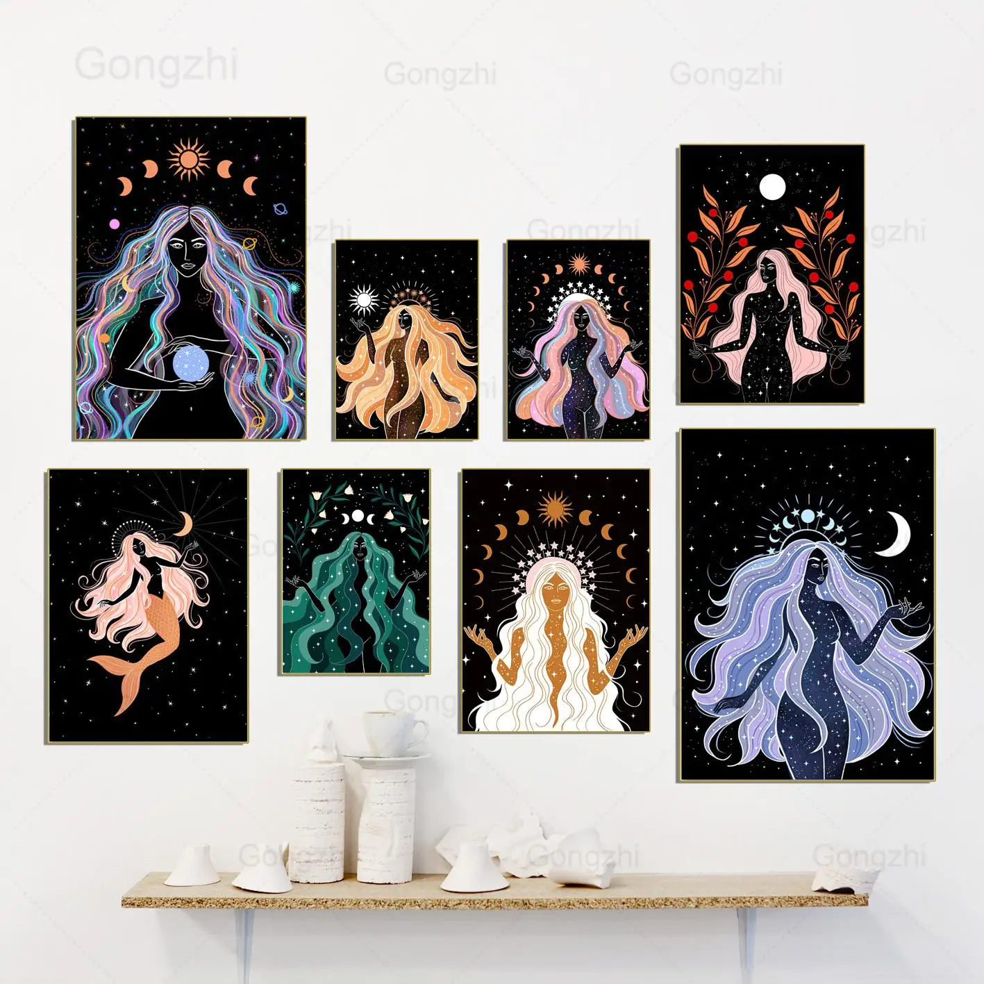 

Witch Moon Sun Witchcraft Posters and Prints Nordic Abstract Lady Body Flower Leaf Wall Art Canvas Painting Home Decor Bedroom