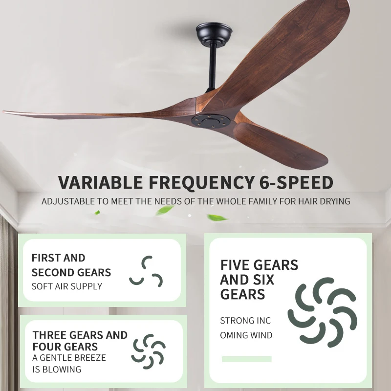 American Style Solid Wood Retro Ceiling Fan, Nordic Living Room, Dining Room, Industrial Variable Frequency 110V Electric Fan 4