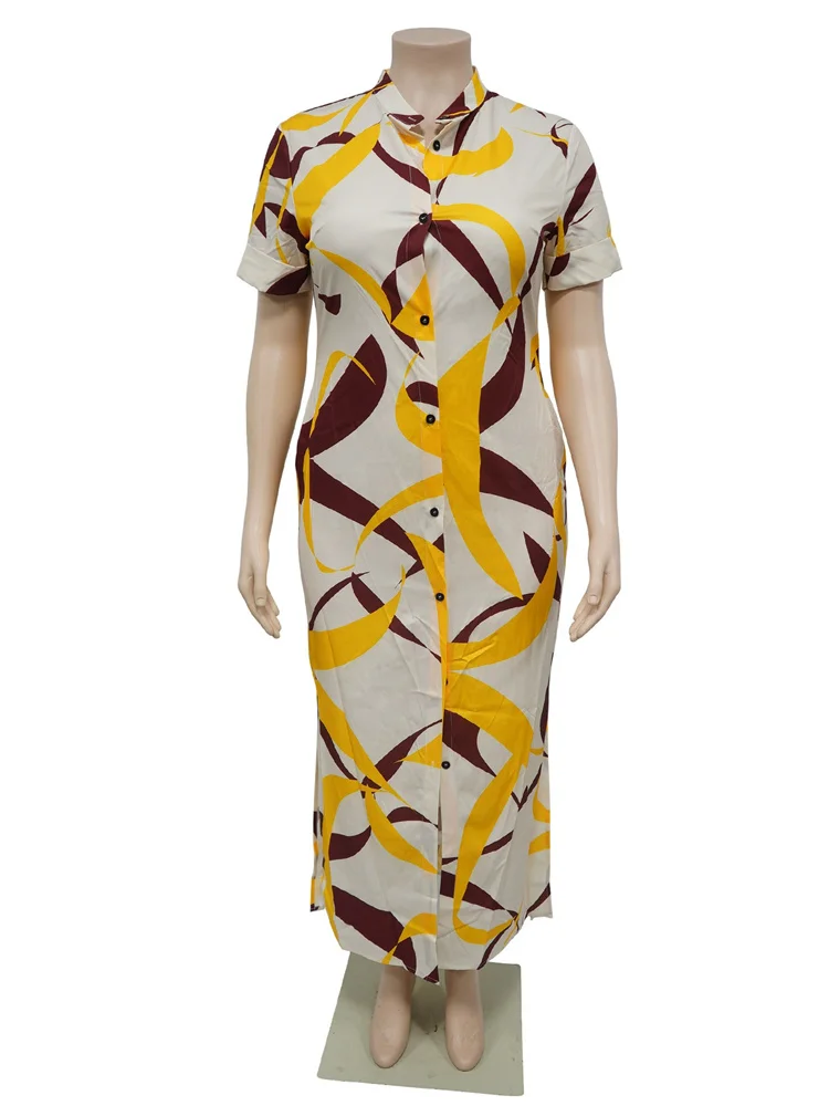 Wmstar Plus Size Dresses for Women Printed Short Sleeve Fashion Party Bodycon Stretch Button Maxi Dress Wholesale Dropshipping