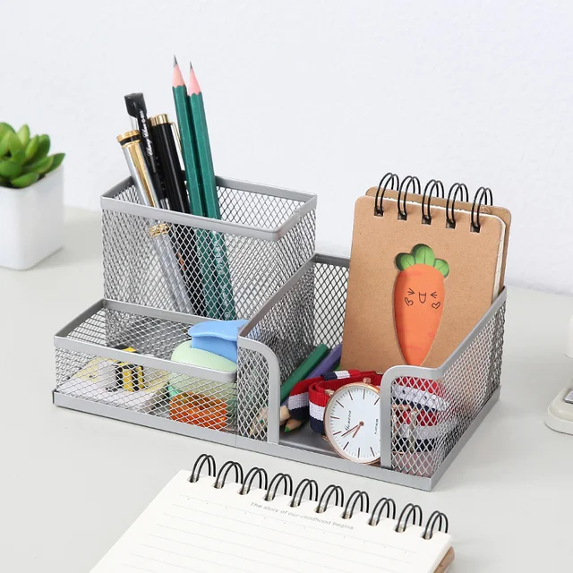 Organizador de papelería de escritorio, portalápices de Metal creativo,  estante de almacenamiento de archivos de lápices, caja de almacenamiento de  3 cuadrículas, accesorios de oficina - AliExpress