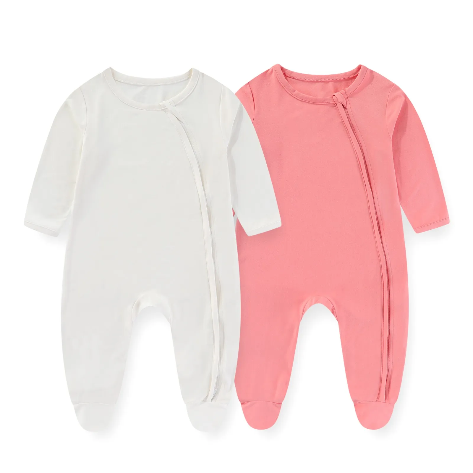 남녀공용 단색 점프수트, 0-12m, 양방향 지퍼, 긴 소매, 가을, 2 피스