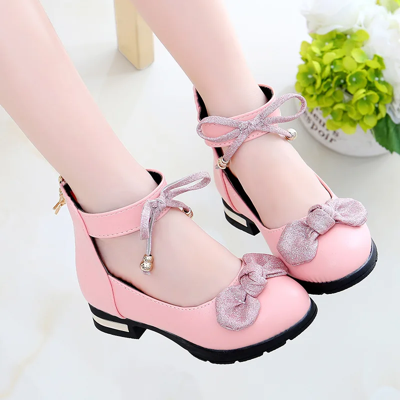 Pink Childrens Girls Leather Shoes Kids High Heeled Girls Princess Shoes For Party Wedding Big Dress chaussure fille