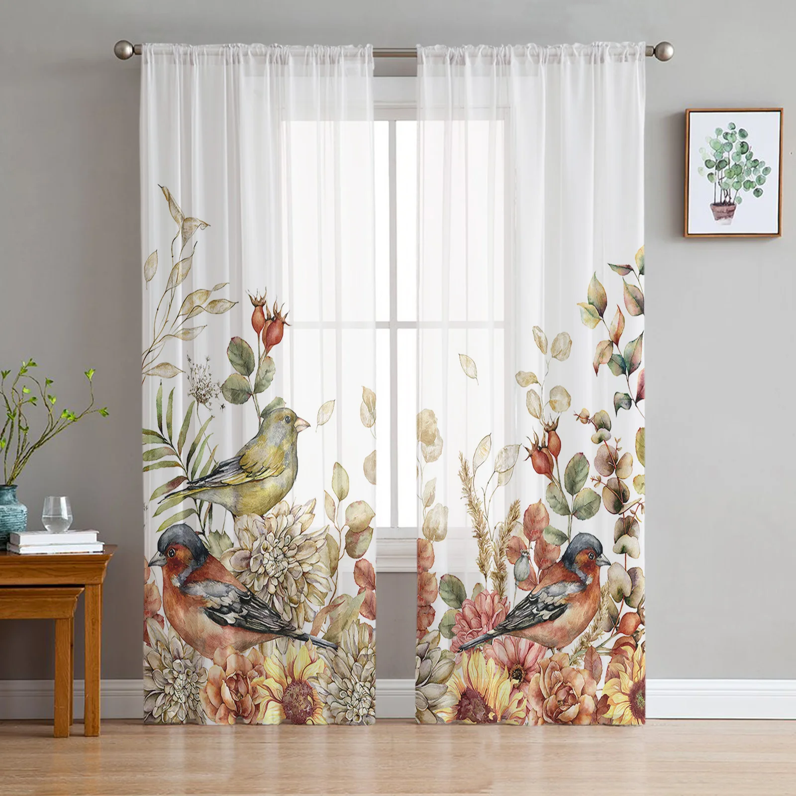 

Eucalyptus Leaves Dahlia Rose Robin Tulle Curtains Living Room Kitchen Decoration Chiffon Window Treatments Voile Sheer Curtain