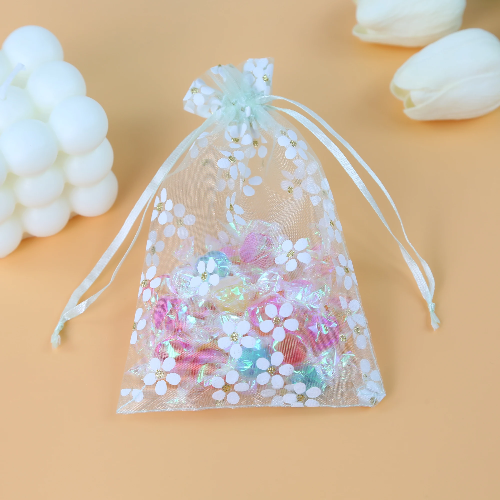 50 Stück schöne Blumen-Organzabeutel mit Kordelzug, Schmuck, Geschenktüten, Beutel, goldene Stern-Organza-Geschenkbeutel für Weihnachten, Hochzeit – Detail 8