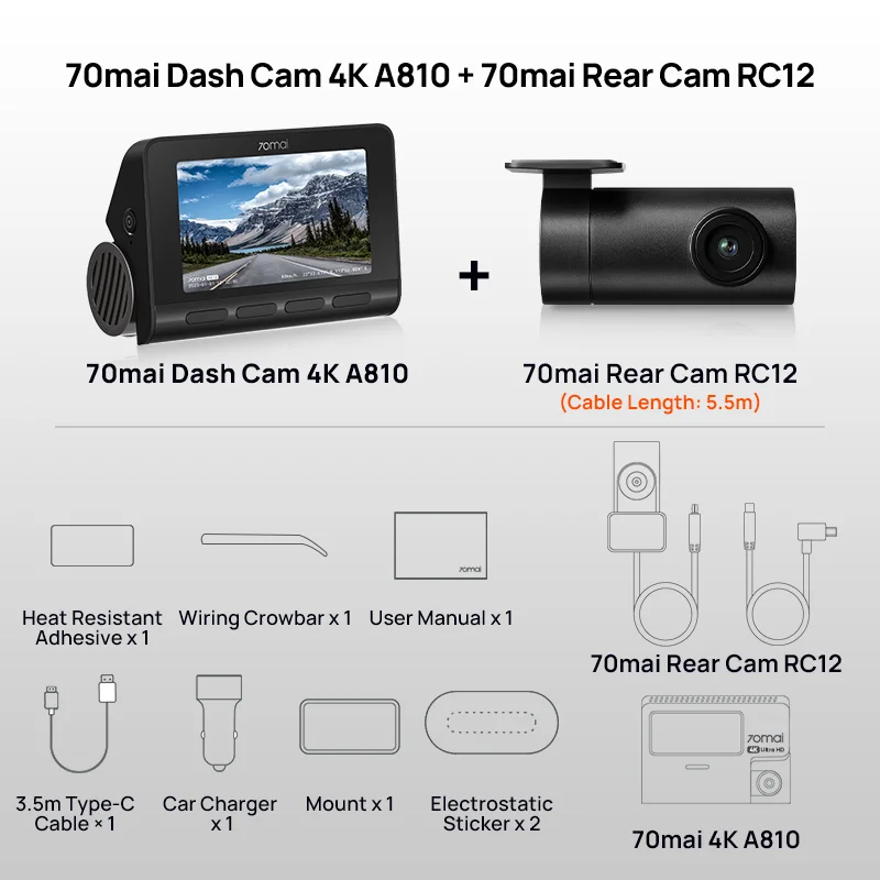 70mai New 4K Dash Cam A810 with Sony Starvis 2 IMX678,Dual HDR Front and  Rear Cam,Built in GPS,Night Owl Vision,Support 256GB Max,Smart Parking