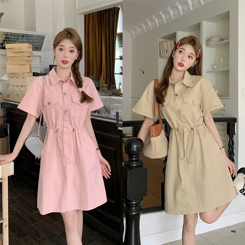 

A-line Casual Loose Dresses Temperament Short Sleeve Fashion Trendy Womens Summer Daily Leisure Solid Adjustable Waist Frocks