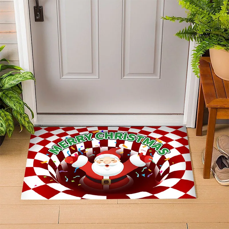 3D Christmas Illusion Carpet Anti-Slip Floor Mat for Floor Santa Claus Decoration Rug Xmas Festival Party Living Room Home Décor