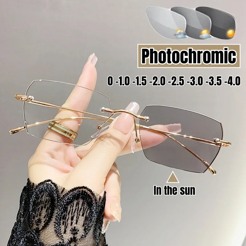 Vintage Randlose Quadratische Photochrome Myopie Gläser Neue Mode Frauen Männer Anti Blau Licht UV Sonnenbrille Optische Dioptrien Brillen
