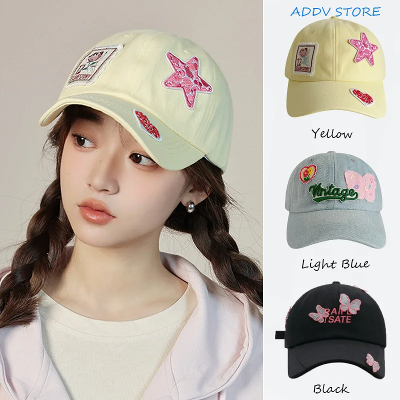 

Cute and Fashionable Women's Visor Cap with Alphabet Flower Patchwork and Five-Pointed Star Baseball Hat, Soft Top for Summer