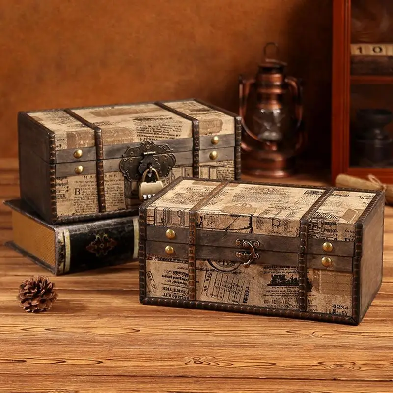 

Wooden Treasure Box Decorative Retro Jewelary Storage Container multipurpose Trinket Storage Treasure Case with Lock home decor