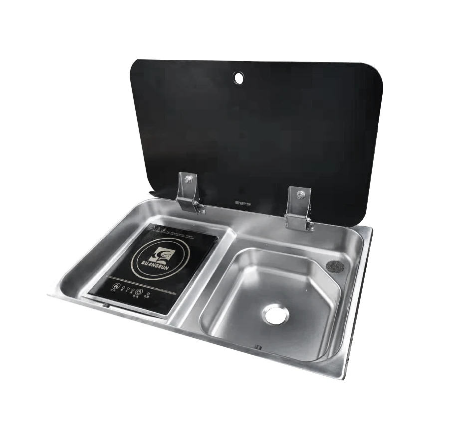 Stainless steel sink and induction cooker combo with tempered glass lid for RV caravan yacht 225*225*100mm