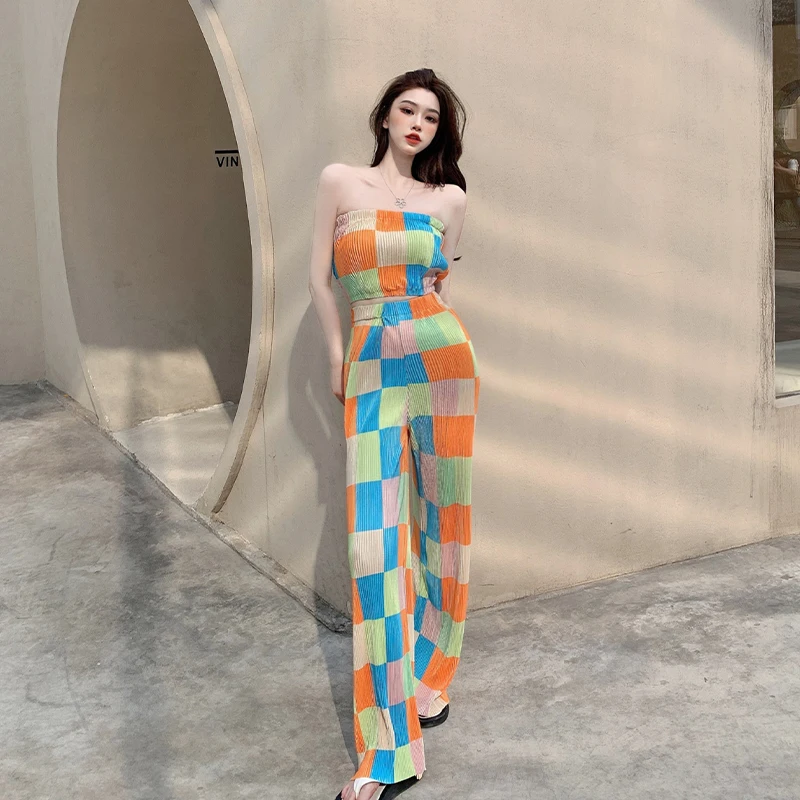 

Женский комплект из 2 предметов, разноцветный клетчатый топ с запахом на груди, бюстье без рукавов, без бретелек, топ с высокой талией и широкими штанинами