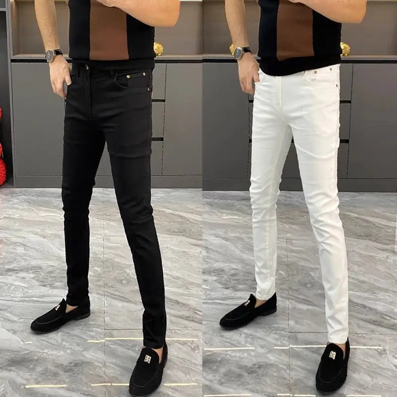 White Jeans Men's European Goods 2025 Summer New Fashion Motorcycle Boots Simple Slim Fit Elastic Versatile Small Feet Trousers 5