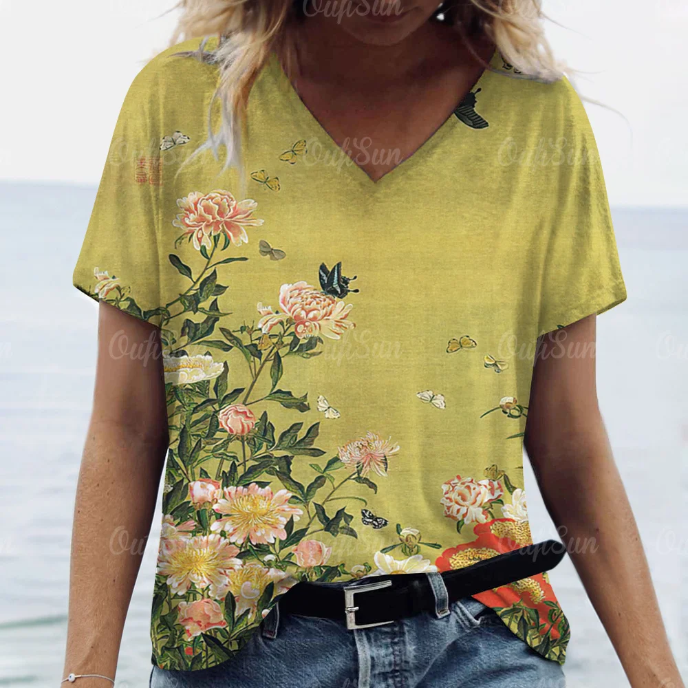 

New Women's T-Shirt, Watercolor Printing Elements, Simple Casual V-Neck Fashion Short-Sleeved Top Y2k Large Size Loose T-Shirt