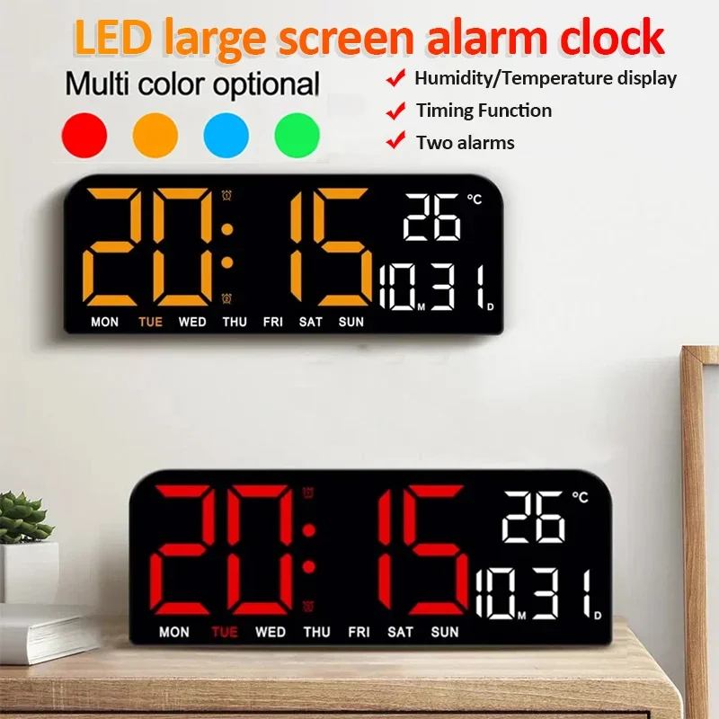 LED Large Digital Wall Clock with Temperature & Date Display - USB Powered, Wall-Mounted or Tabletop, Dual Alarm Feature