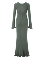 Women's Autumn Winter Knitted Bodycon Dress Long Sleeve Tie Backless Round Neck Solid Color Ruffle Trim Long Dress Beachwear - Image 4