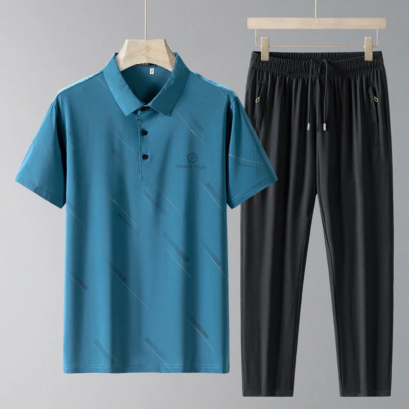 Summer Men's Sportswear 2024 New Loose and Quick Drying Ice Silk Outdoor Cycling Sports Fitness Two-piece Men's Short Sleeve Set