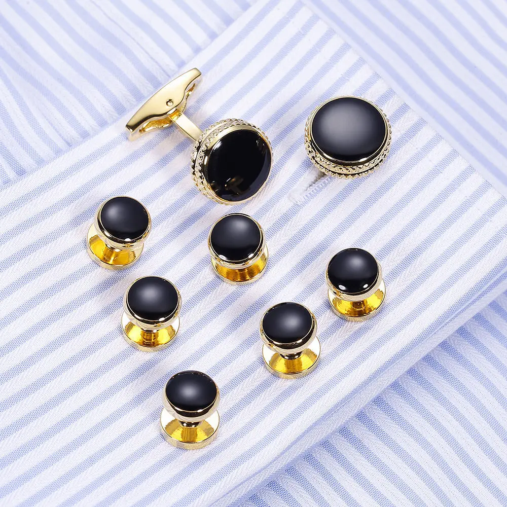 Cufflinks for Men TOMYE XK23021 Fashion Classic Black Golden Round 8 Pieces Set Formal Casual Dress Shirt Cuff Links Gifts