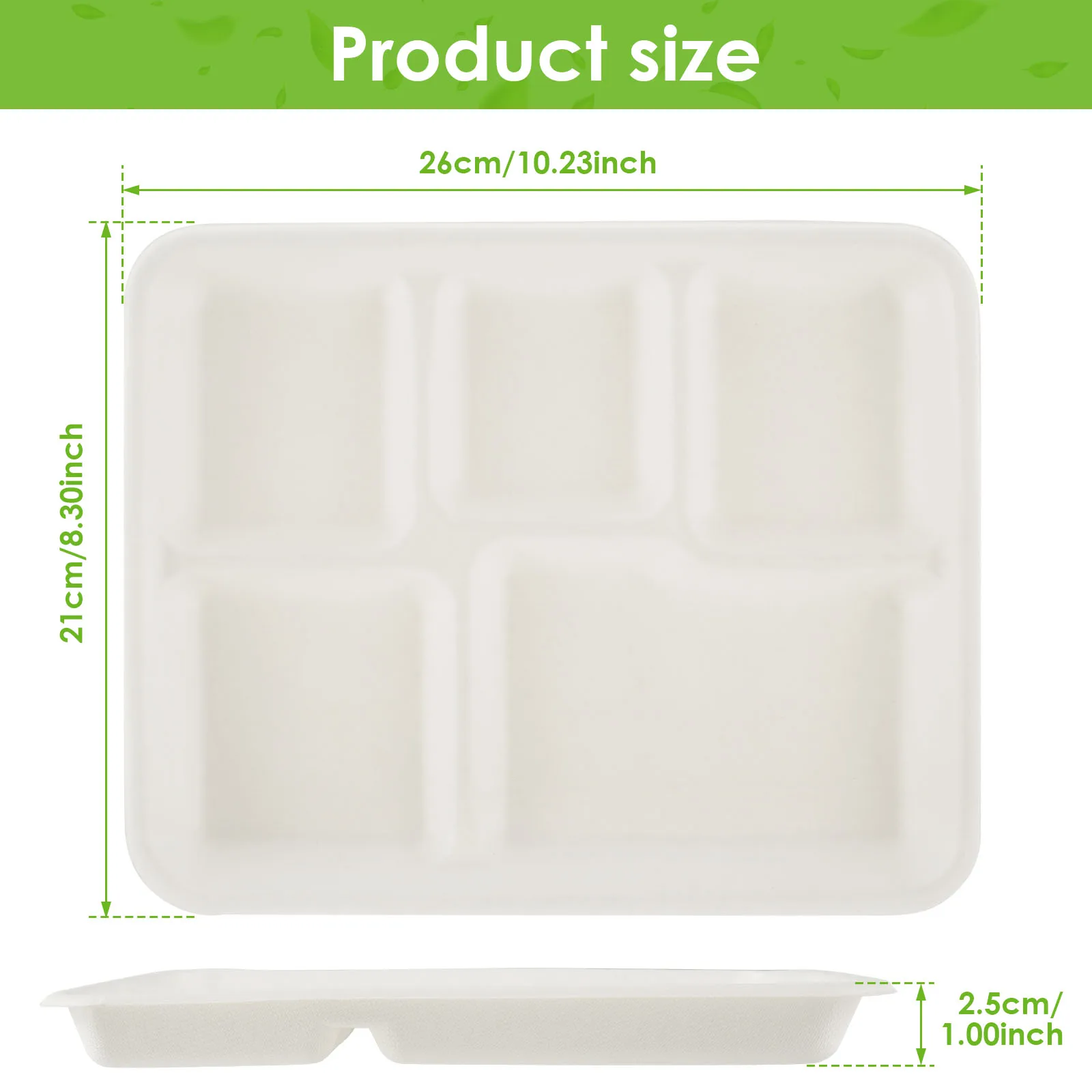 50Pcs Sugarcane Plate 5 Compartments Paper Plate Eco-friendly Compostable Compostable Paper Plates for Party Dinner
