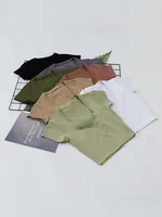 U-Neck Crop Top Solid Color Women Casual High Waist T Shirt Basic Sexy Streetwear Short Sleeve Slimming