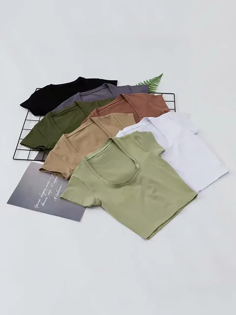 U-Neck Crop Top Solid Color Women Casual High Waist T Shirt Basic Sexy Streetwear Short Sleeve Slimming