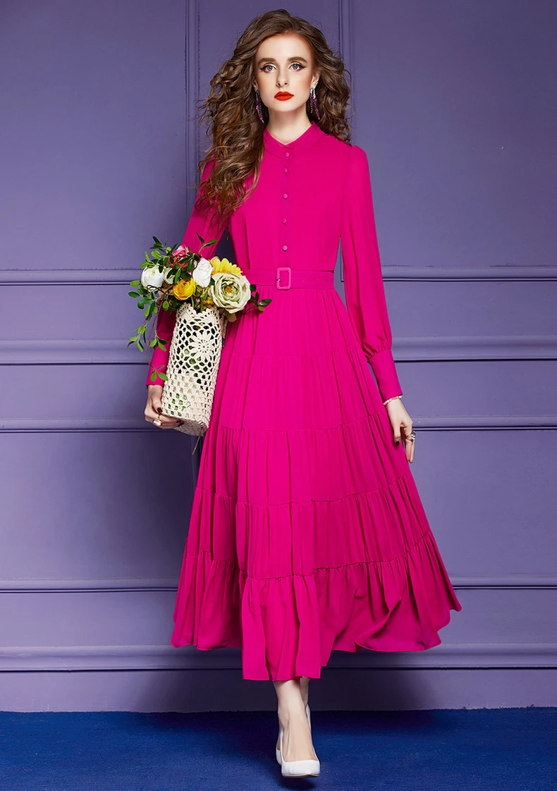 

2023 Spring Autumn Khaki Quality Party Dress Sapphire Blue Pink Black Maxi Women Pleated Holiday Dresses with Belt