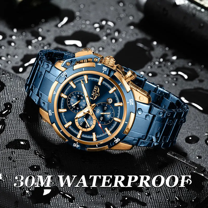 LIGE Luxury Casual Men Watch Fashion Chronograph Stainless Steel Waterproof Luminous Date Military Male Wrist Watches Clock Gift