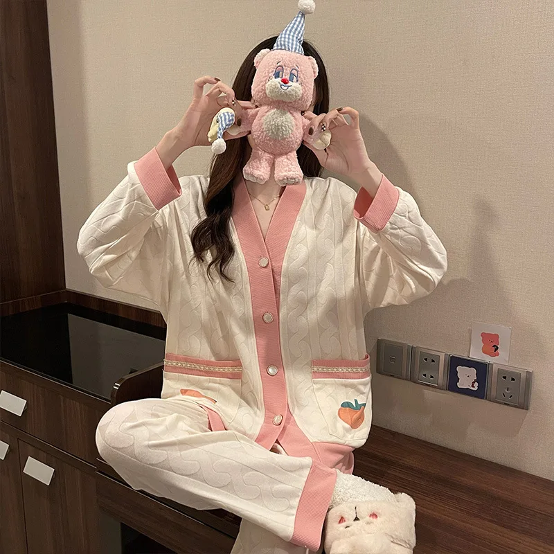 

Женская Хлопковая пижама с мультяшным принтом на весну и лето, Новая женская свободная повседневная одежда для сна, женская домашняя одежда с длинным рукавом, одежда для сна